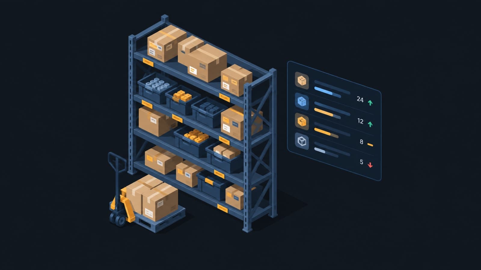 Illustration of warehouse shelving with an inventory count dashboard overlay, representing manufacturing inventory and billing software