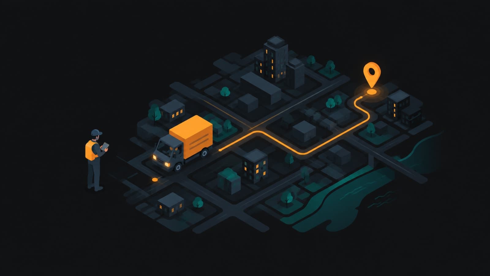 Illustration of a cargo delivery van on a city map with a live tracking route, representing cargo logistics dispatch software