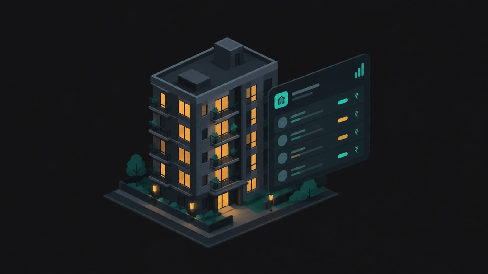 Illustration of an apartment building with a rent and occupancy dashboard overlay, representing property management software