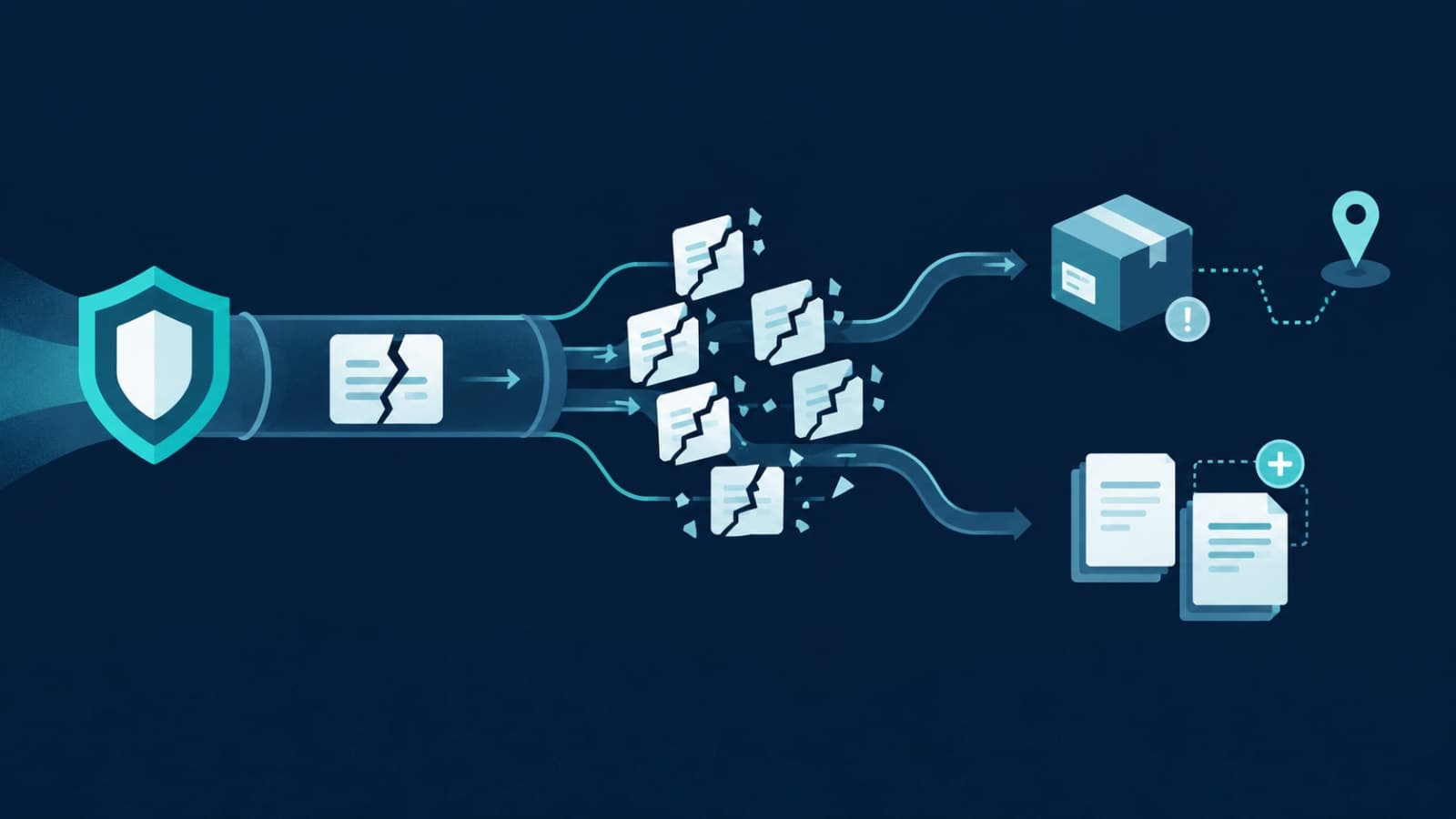 One bad data record cascading into multiple business errors downstream, with a shield at the point of entry