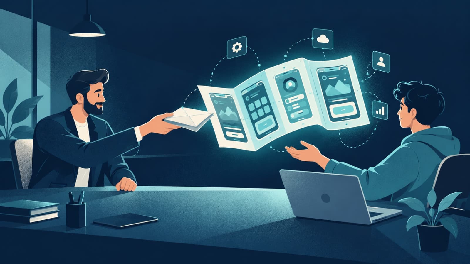 Founder handing a project brief that unfolds into an app blueprint for a developer