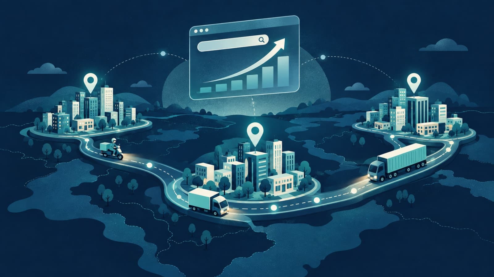 Map of connected cities with cargo vehicles and a browser window, representing local SEO for a logistics startup