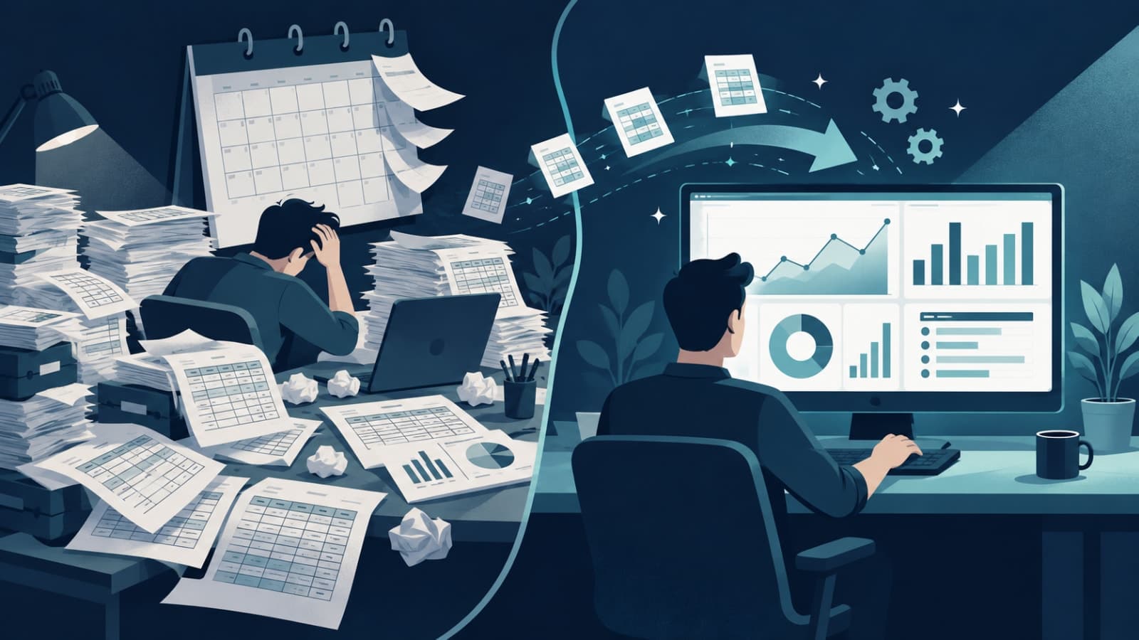 Manual month-end spreadsheet chaos compared with automatically generated business reports