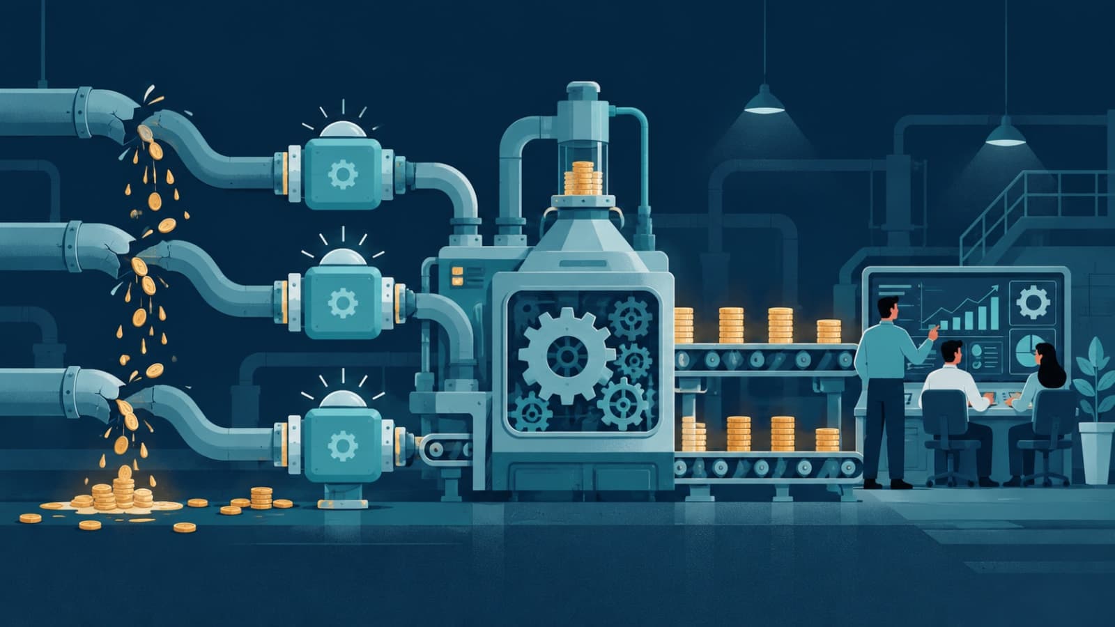 Operations machine with automation modules sealing leaks of wasted money and time
