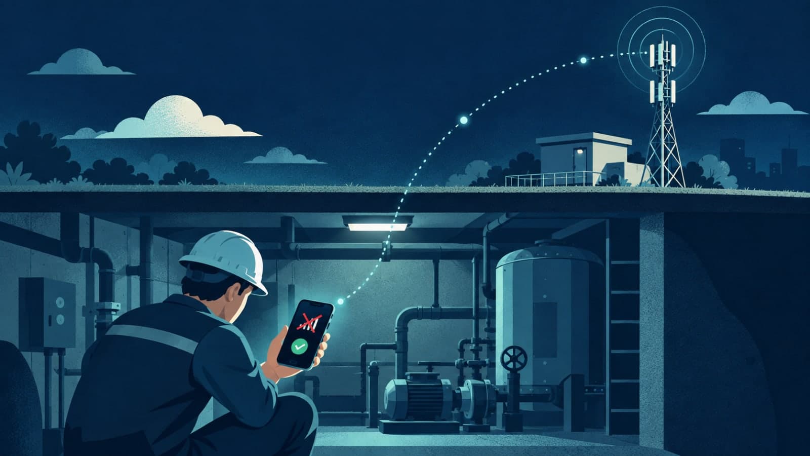 Field technician using an app that saves work offline in a basement with no signal